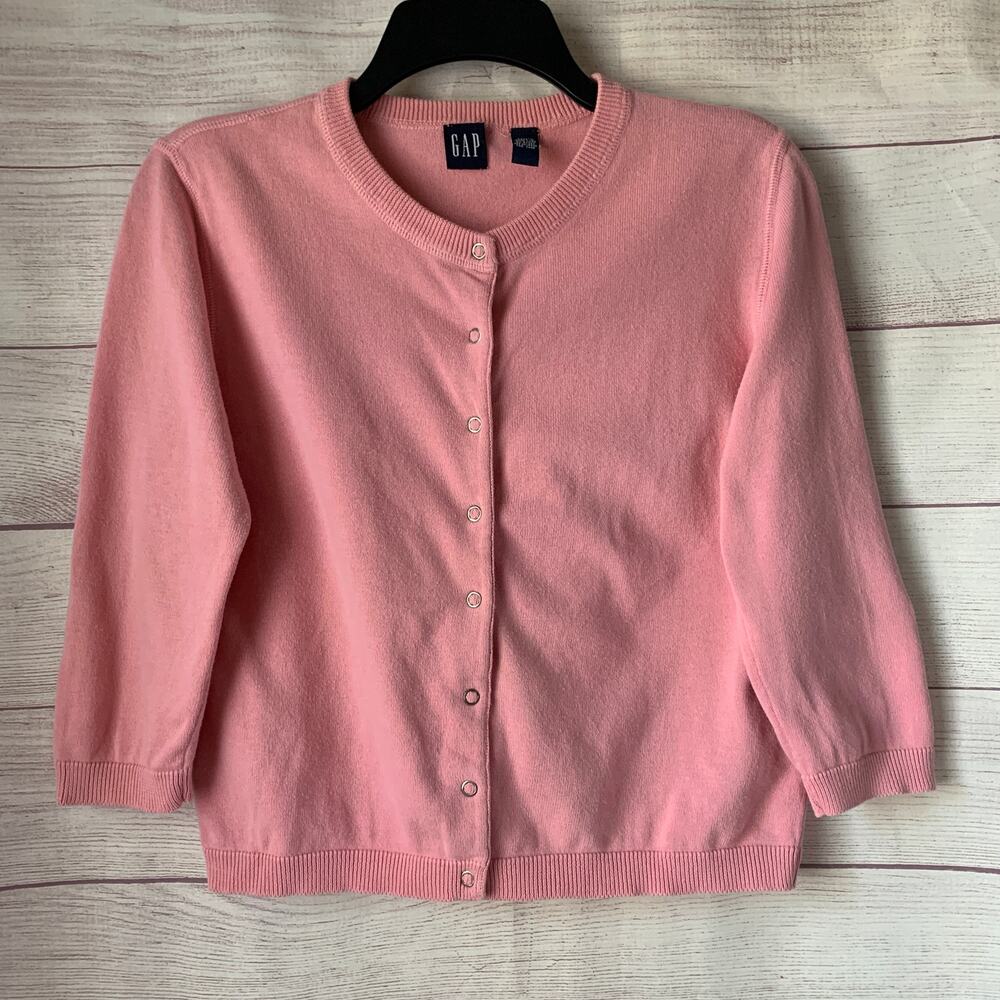 Gap Pink Crewneck Cardigan Sweater 3/4 Sleeves Snap Button Front Cotton Size L
